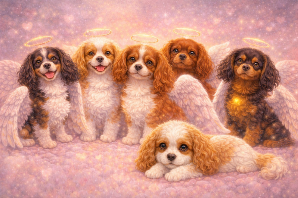 Illustrated Cavalier Angel Hearts gathered together with wings and halos, symbolising love, protection, and enduring connection.